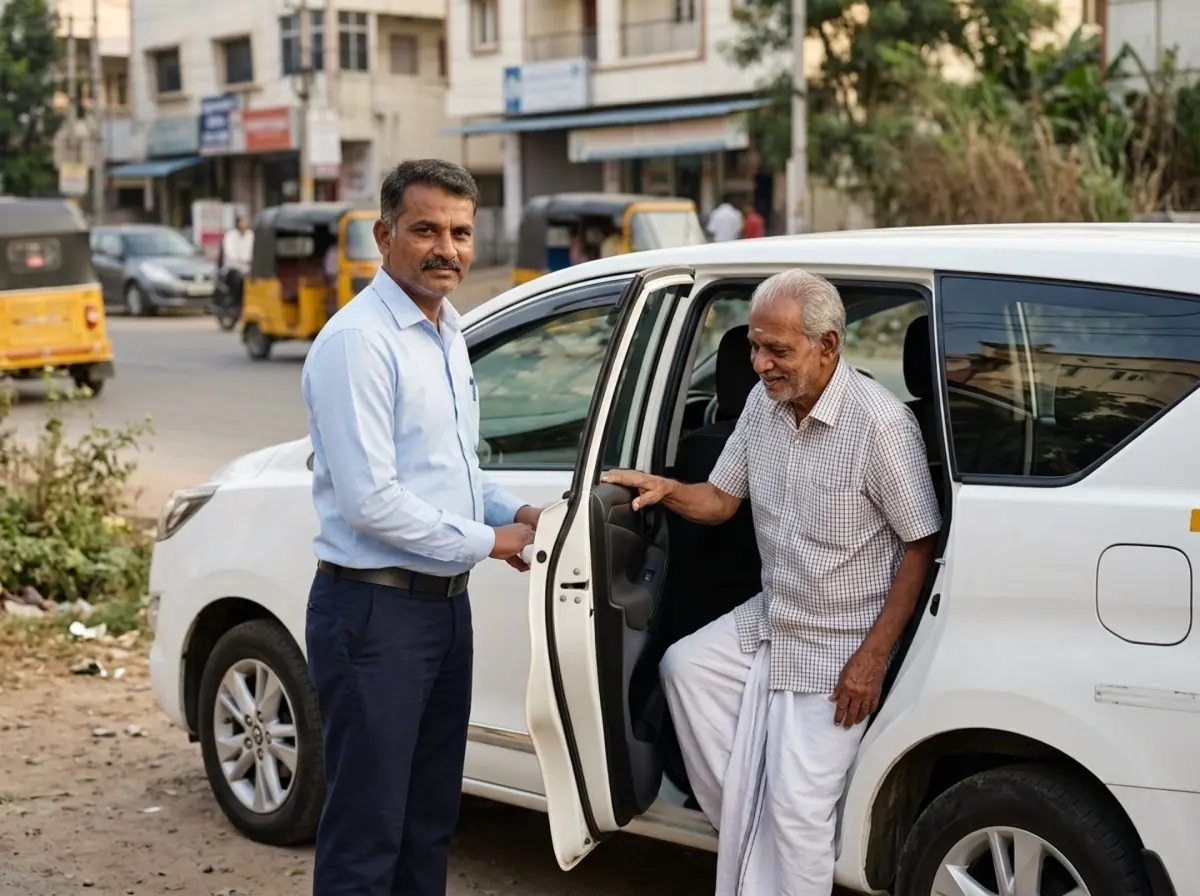 Driver assisting a senior passenger