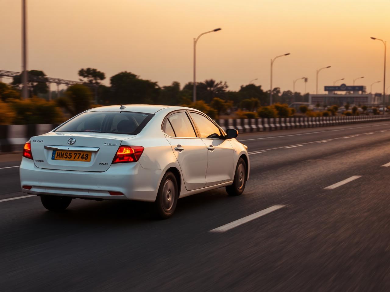 Outstation cab on a highway near Hyderabad at sunset