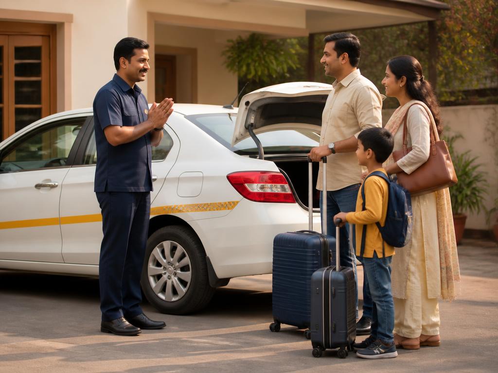 Professional ChinnaTaxi driver greeting a family with luggage next to a clean white cab